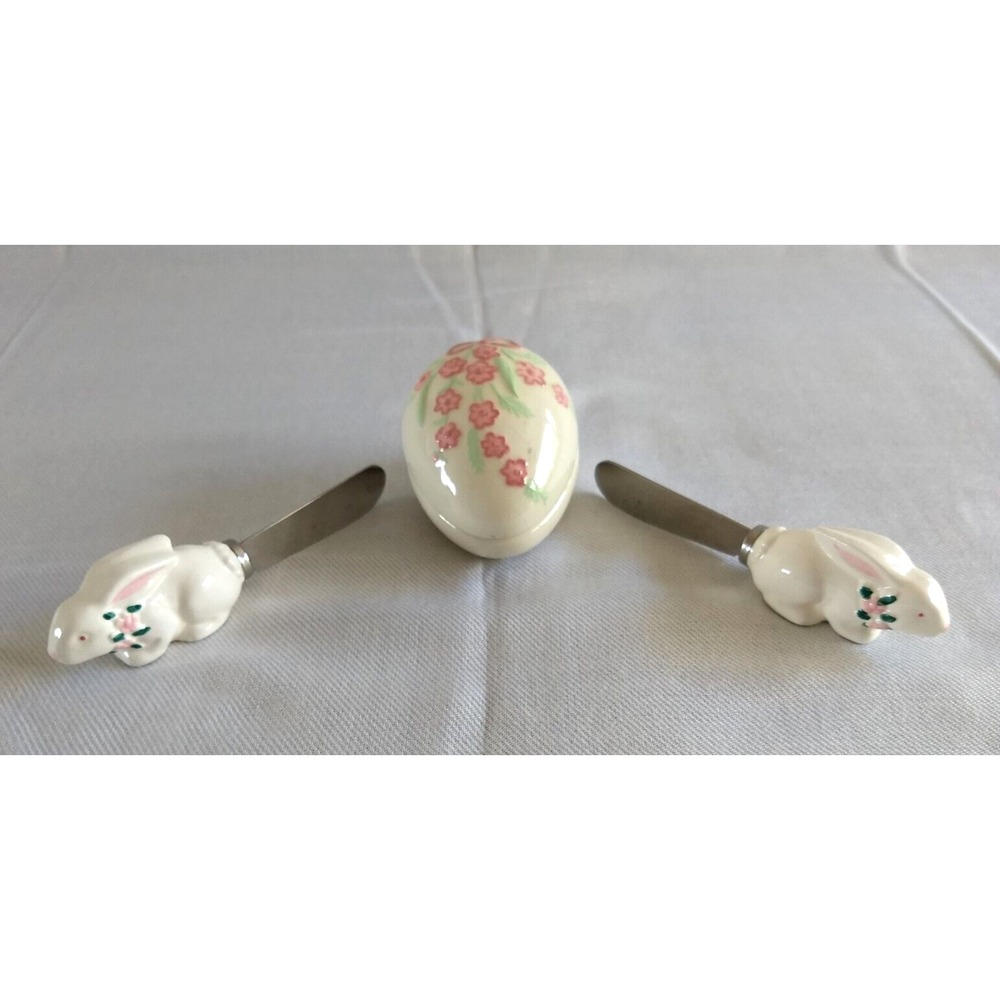2 Bunny Knobler Japan Stainless Spreader Knives + Ceramic Egg Trinket Box Floral